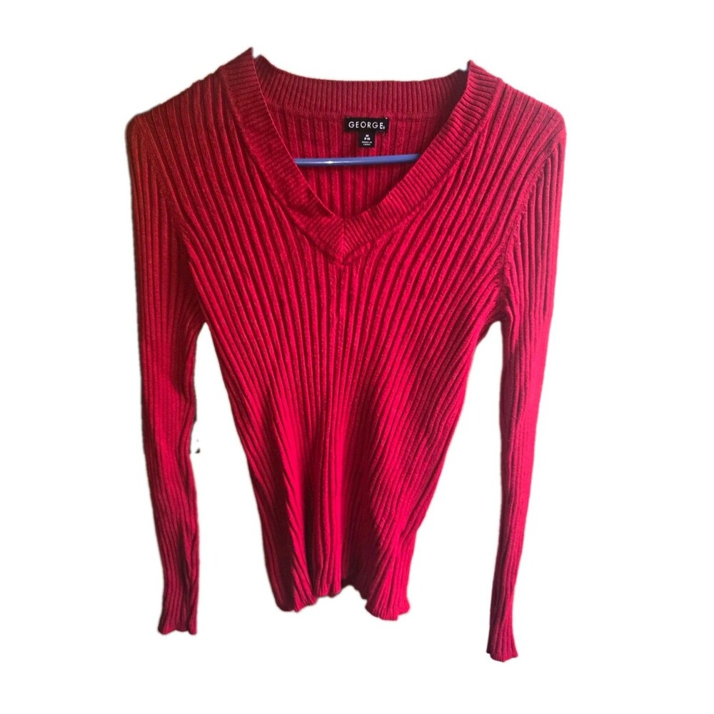 George Pullover Sweater Womens M Red Ribbed Knit V-Neck Long Sleeve Stretch